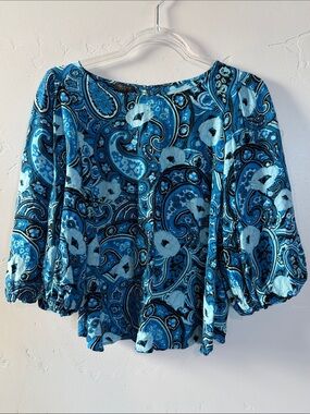 Talbots Paisley Blouse Blue Puff-Sleeve Boho Floral Petite Top